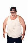 Obese man in tee shirt on white background