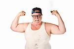 Flexing large man in tee shirt on white background