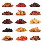 Large collection of dried and candied fruit for snacks and culinary use, isolated over white background.