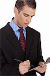 Closeup of a business man with notepad on a white background