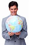 business man holding a globe in white background