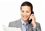 Charsmatic businessman on phone holding a newspaper against a white background