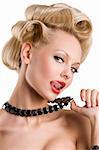 cute blond woman with creative hair stylish wearing a black necklace and making face