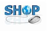 shop buy and sell on the internet e-commerce search the market look for merchandise order on credit home delivery promotion and discount online shopping 3D text connected to mouse