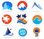 Vacation, travel and holiday icon set. Collection of 9 design elements inspired by water, nature, beach, sun and globe. Perfect use for travel guides, websites, maps and travel brochures.