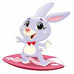 Bunny rabbit with surf. Funny cartoon and vector sporty character