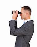 Serious businessman using binoculars isolated on a white background