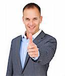 Positive businessman with thumb up against a white bakground