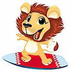Baby lion with surf. Funny cartoon and vector sporty character