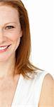 Close-up of a positive businesswoman against a white background