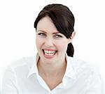 Close-up of a laughing businesswoman against a white background