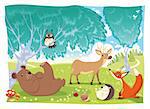 Animals in the wood. Funny cartoon and vector illustration