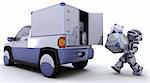 3D render of robot loading boxes into the back of a truck