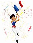 Black Girl France Soccer Fan with flag. Editable Vector Illustration