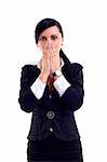 businesswoman in the Speak No Evil pose over white