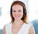 Caucasian sales representative woman with an headset against white background