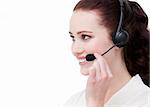 Piositive customer service representative against a white background