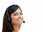 Radiant customer service representative against a white background