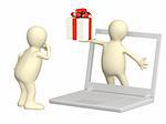 Virtual gift. 3d puppet with gift and laptop