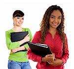 Stock image of two female students over white background
