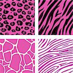 Animal print patterns of tiger, zebra, giraffe and leopard in pink color. Vector Illustration.