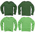 Photograph of two wrinkled blank green and light green long sleeve shirts, fronts and backs.  Clipping path included.  Ready for your design or logo.