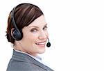 Bright businesswoman with headset on isolated on a white background
