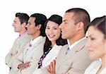 Asian business woman and her team lining up against a white background