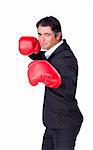 Attractive businessman wearing boxing gloves isolated on a white background