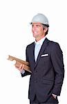 Smiling architect wearing a hardhat isolated on a white background