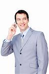 Portrait of a young businessman on phone isolated on a white background