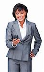 Young hispanic businesswoman sending a message isolated on a white background