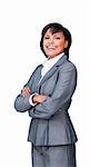 Businesswoman with folded arms smiling at the camera isolated on a white background
