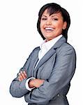 Laughing businesswoman with folded arms isolated on a white background