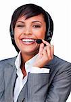 Young hispanic customer service agent with headset on isolated on a white background