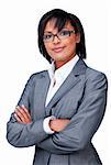 Confident businesswoman wearing glasses against a white background