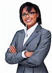 Businesswoman with folded arms wearing glasses against a white background