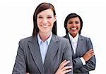 Two attractive business women against a white background