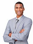 Young businessman smiling at the camera isolated on a white background