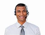 Young ethnic customer service agent with headset on isolated on a white background