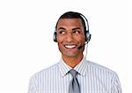 Smiling young customer service agent with headset on isolated on a white background