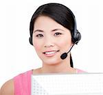 Asian customer service representative against a white background