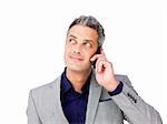 Businessman on phone looking up against a white background