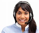 Positive customer service agent using headset