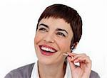 Smiling customer service representative using headset against a white background