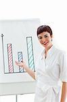 Charming businesswoman pointing at a board against a white background