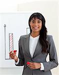 Ethnic young businesswoman reporting sales figures isolated on a white background