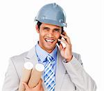 Close-up of a smiling architect on phone against a white background