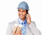 Confident architect on phone carrying blueprints isolated on a white background