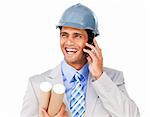 Confident businessman wearing a hardhat on phone against a white background